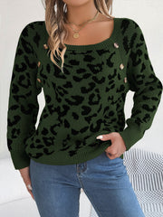 Army green acrylic sweater with black leopard print and button detail