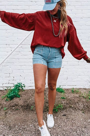 Ribbed Drop Shoulder Cutout Back Sweatshirt in Burgundy, close-up detail