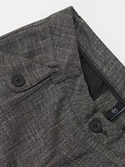 Textured dark gray sweatpants with button flap pocket and button closure.