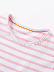 Toddler pink and white striped cotton dress with contrast trim neckline detail.