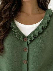 Ruffled Neckline Button-up Cardigan in White, view 17
