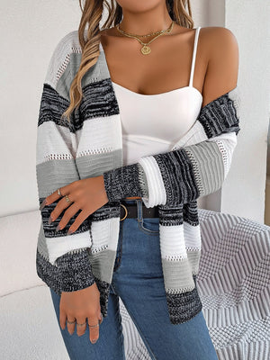 Open-front knit cardigan with horizontal stripes in black, white, and gray acrylic.
