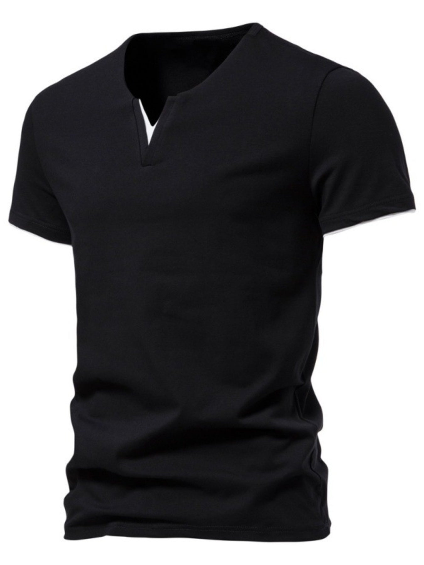 Men's black cotton slim fit tee with notched V-neck and short sleeves.