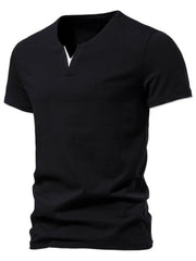 Men's black cotton slim fit tee with notched V-neck and short sleeves.