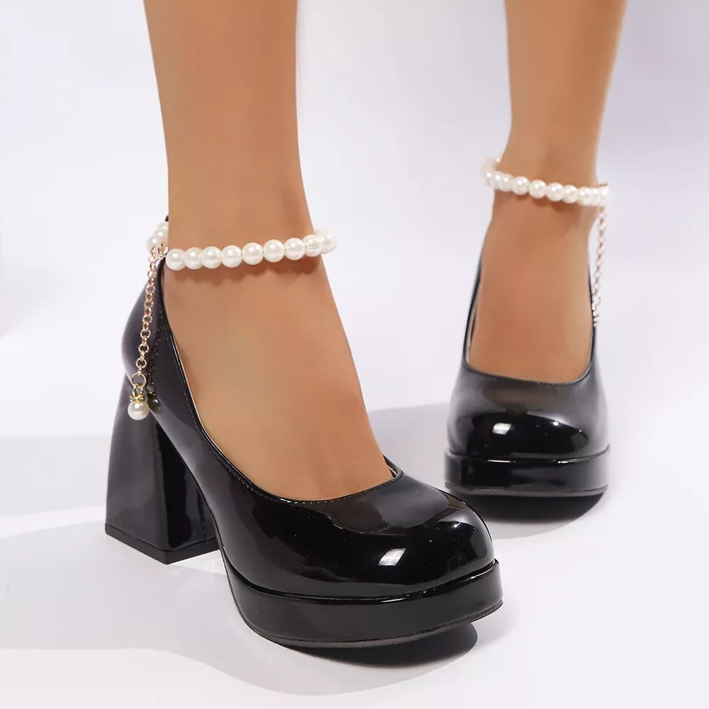 Round Toe Block Heel Pumps in Pink, model styling view