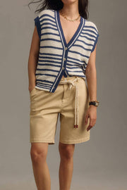 Nautical stripe knit vest in peacock blue with button front and V-neck.