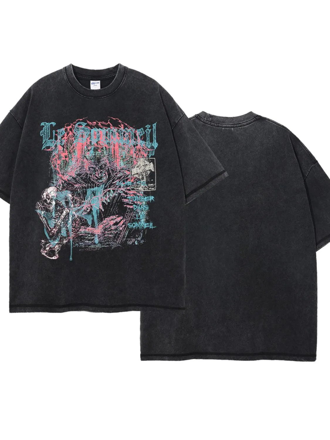 Black acid wash oversized graphic tee with skeleton and distressed text print