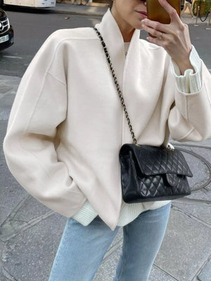 Elegant Stand Collar Open Front Outerwear in White, front view