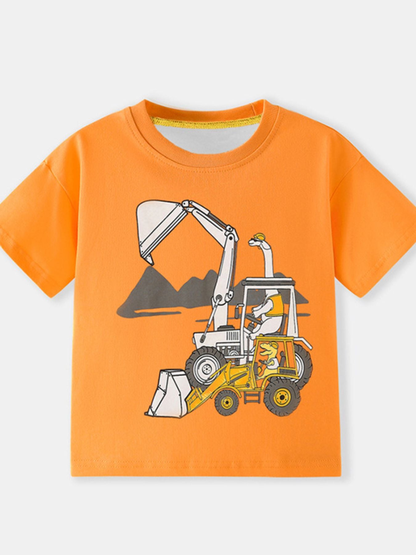 Orange toddler t-shirt with excavator graphic and dinosaur driver.