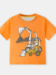Orange toddler t-shirt with excavator graphic and dinosaur driver.