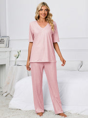 Dusty Pink geometric print V-neck lounge set with short sleeves and matching pants.