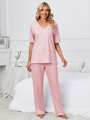Dusty Pink geometric print V-neck lounge set with short sleeves and matching pants.