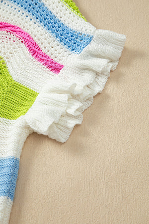 Scalloped crochet tee with ruffle sleeves and colorful stripes.