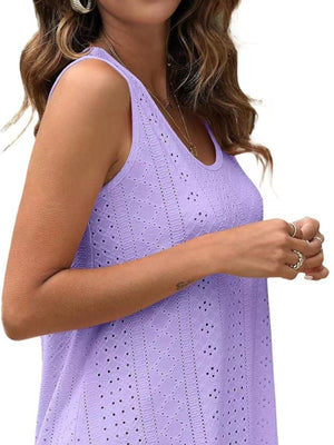 Lavender eyelet scoop neck tank top with intricate pattern detail.