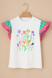 White t-shirt with colorful floral print and ruffled sleeves.