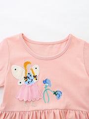 Pink cotton toddler dress with fairy appliqué and ruffled hem