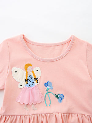 Pink cotton toddler dress with fairy appliqué and ruffled hem