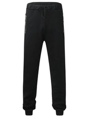 Black fleece joggers with drawstring waist and zip pockets.