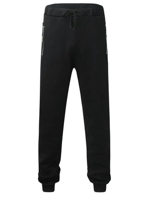 Black fleece joggers with drawstring waist and zip pockets.