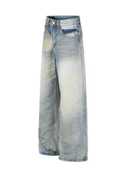 Men's light blue wide leg denim jeans with vintage wash and distressed details.