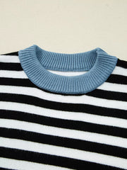 Colorblock striped knit sweater with blue crew neck.