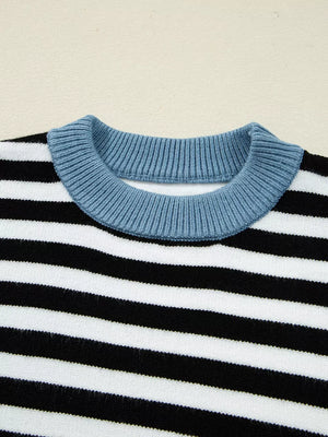 Colorblock striped knit sweater with blue crew neck.