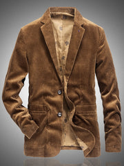 Men's casual brown corduroy blazer with two-button closure and patterned lining.