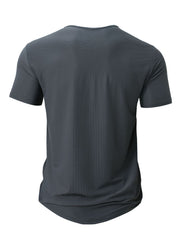 Men's grey crew neck active t-shirt with textured fabric and short sleeves