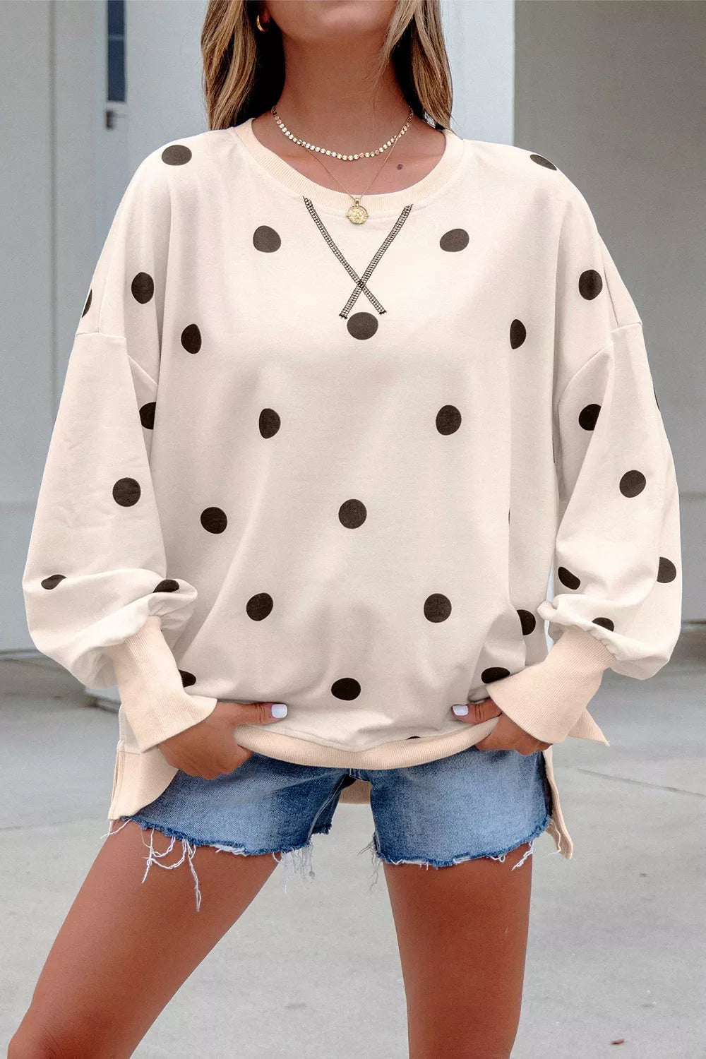 tunic in Beige with polka dot and ribbed cuffs