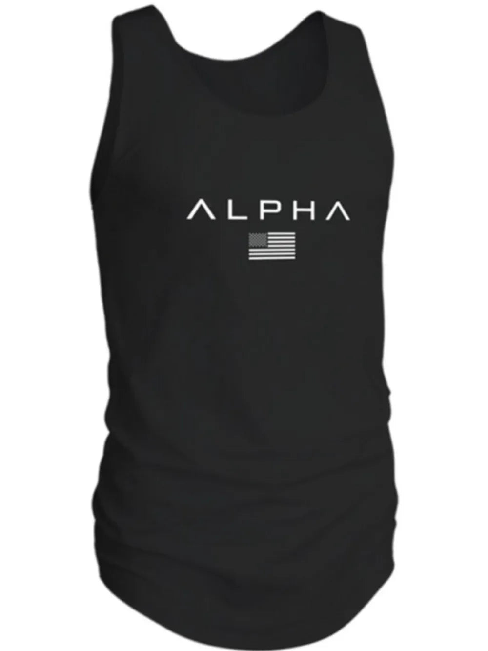 Black Alpha graphic muscle tank top with American flag detail and ruched sides.