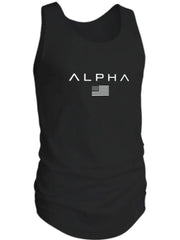 Black Alpha graphic muscle tank top with American flag detail and ruched sides.