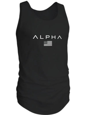 Black Alpha graphic muscle tank top with American flag detail and ruched sides.