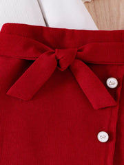 Children's Bow Long Sleeve Top And Skirt Set in White, model styling view