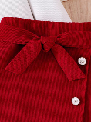Children's Bow Long Sleeve Top And Skirt Set in White, model styling view