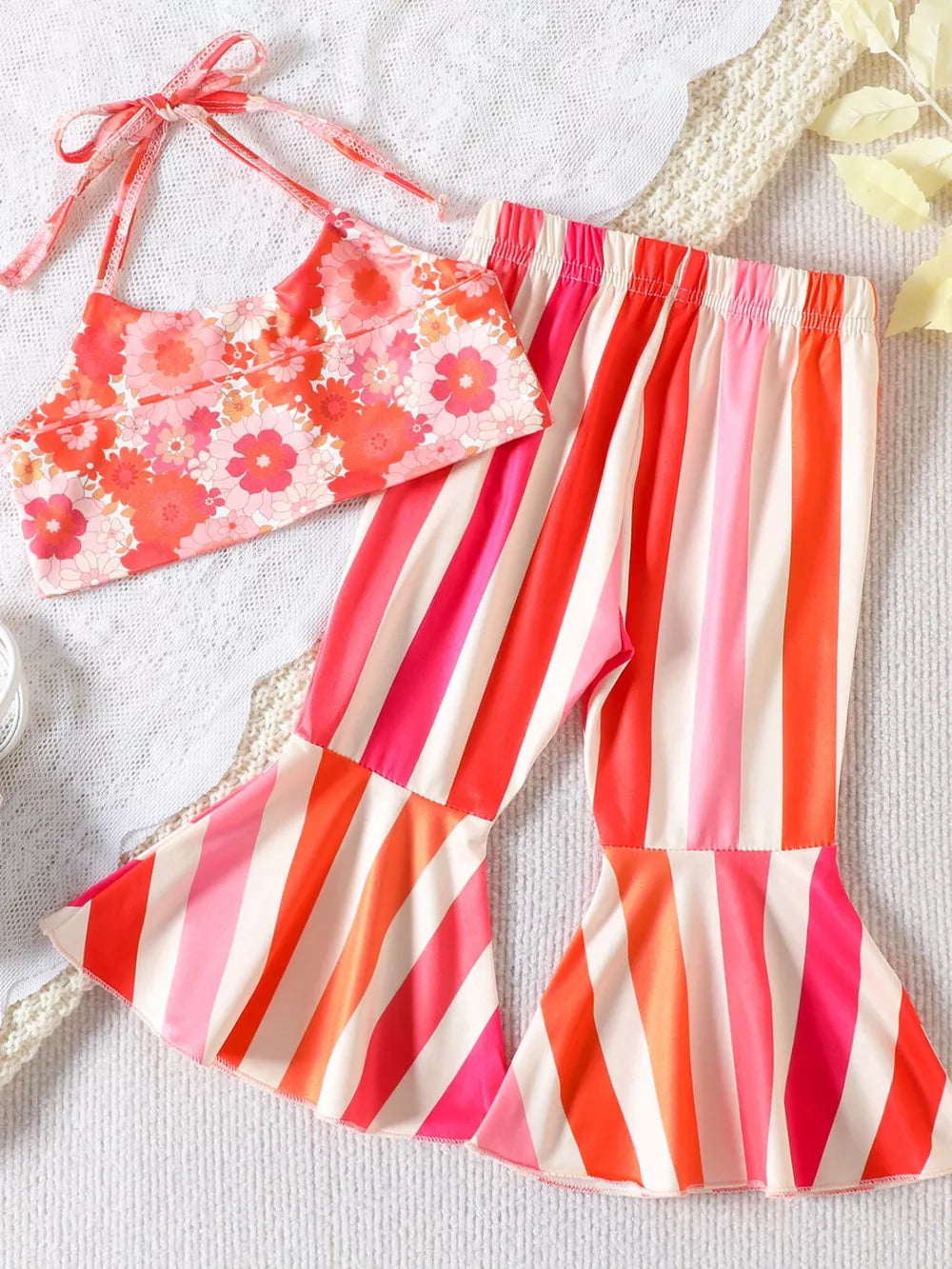 Children's Floral Print Crop Top And Striped Pants Set in Orange Red, alternate angle