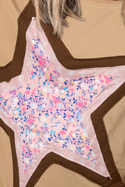 Tan cotton tee with a pink floral star patchwork detail and brown trim.