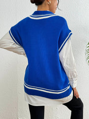 Blue acrylic knit vest with white contrast trim, V-neck, sleeveless, casual style.
