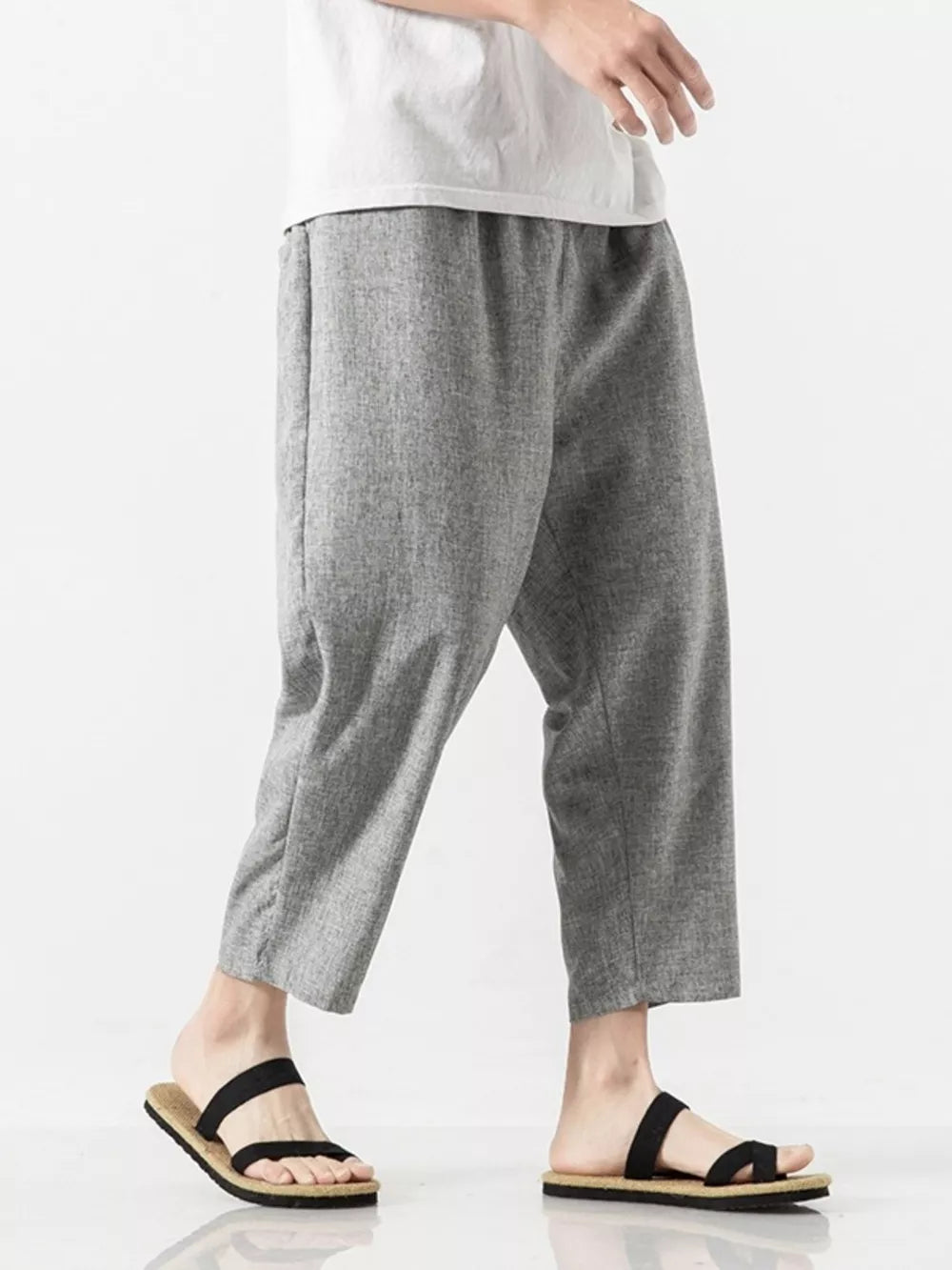 Men's light gray relaxed fit cropped sweatpants with elastic waist