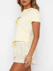 Bow tee & striped lounge shorts set in deep red, scarlet, white, blush pink, or pastel yellow.