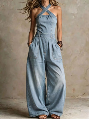 Wide-leg Crisscross Denim Jumpsuit Plus Size in Black, side view