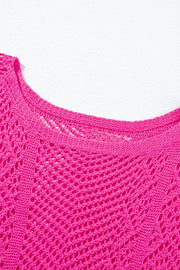 Hot pink open-knit chevron sleeve top with a crew neck.
