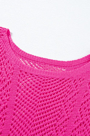 Hot pink open-knit chevron sleeve top with a crew neck.