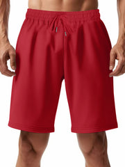 Bright red chino shorts with drawstring waist and pockets for men.