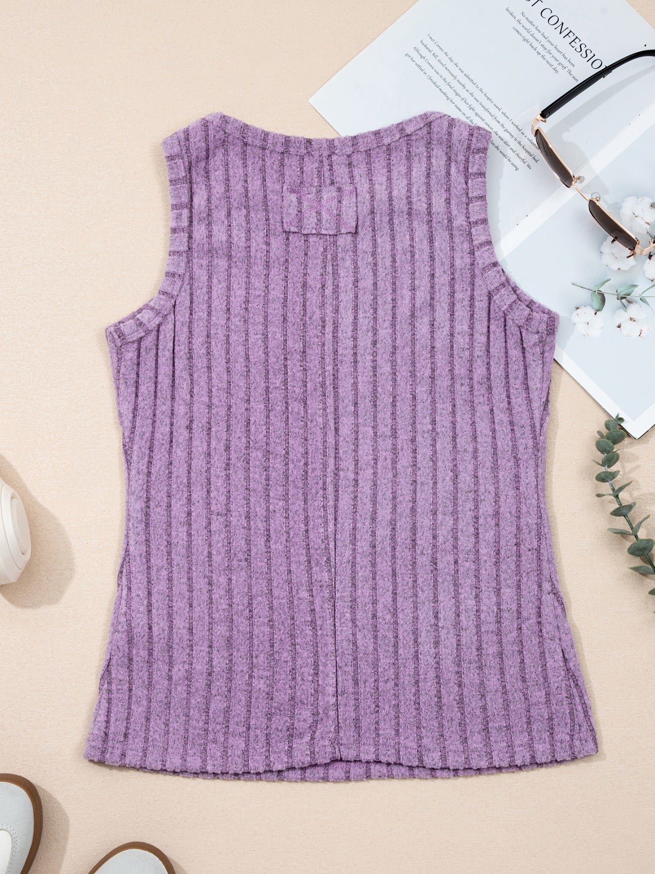 Purple ribbed mineral wash tank top with a crew neck and body hugging fit.