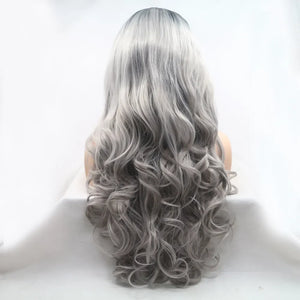 Silver ombre lace front wig with voluminous curls and waves, black to grey color blend.