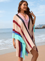 Striped mesh kimono cover-up with V-neck and colorful stripes.