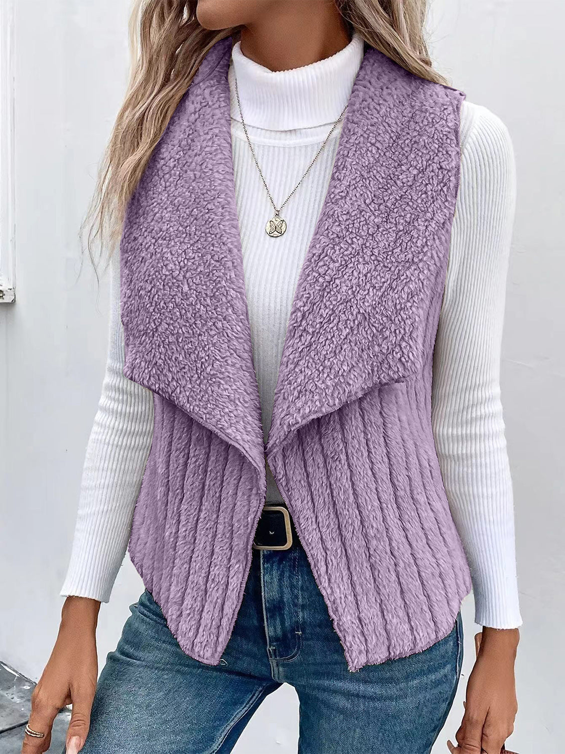 Lilac textured teddy collarless vest with a shawl collar and ribbed detail.