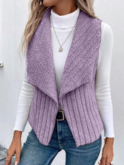 Lilac textured teddy collarless vest with a shawl collar and ribbed detail.