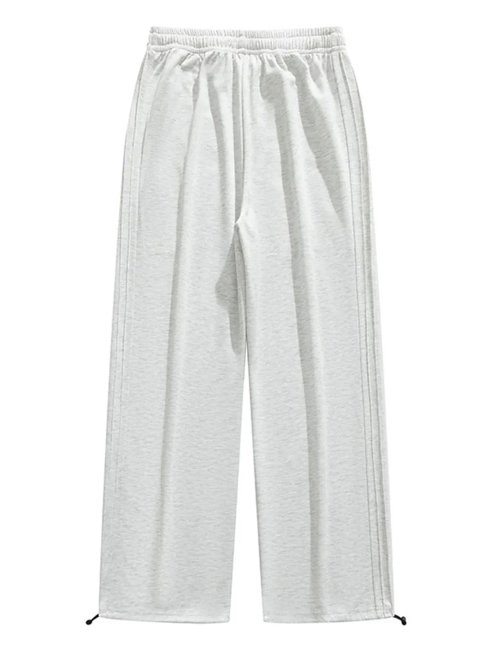 Lightweight wide-leg men's sweatpants in light gray with drawstring and side stripe detail.