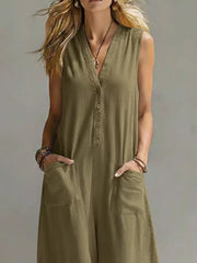 Chic V-neck Wide-leg Jumpsuit With Pockets